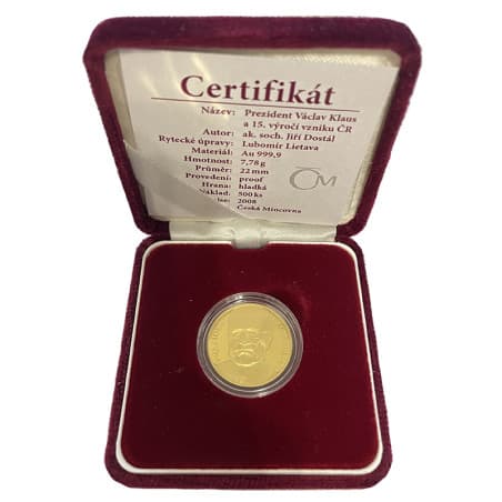 Zlatá medaile 1/4 Oz Prezident Václav Klaus a 15. výročí vzniku ČR 2008 Proof