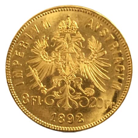 Zlatá mince 20 Frank 8 Zlatník Franz Josef I. různé roky (1870-1892)